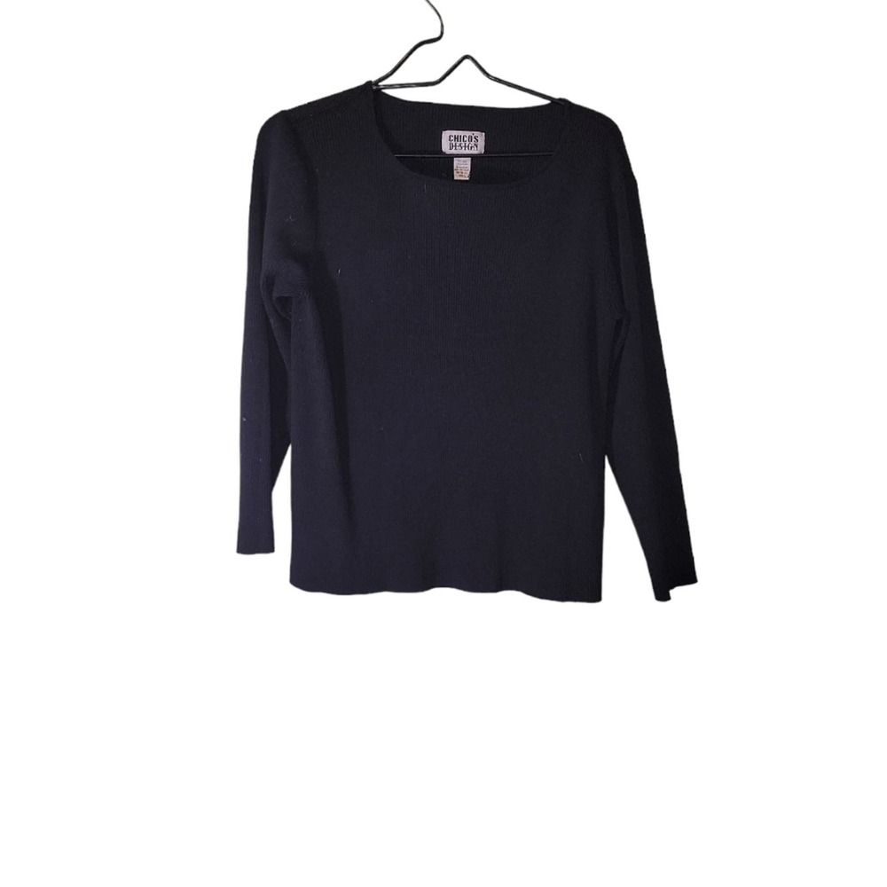 Chico's Design Black Ribbed 3/4 Sleeve Crew Neck Pullover Classic Top Sz Chico 2